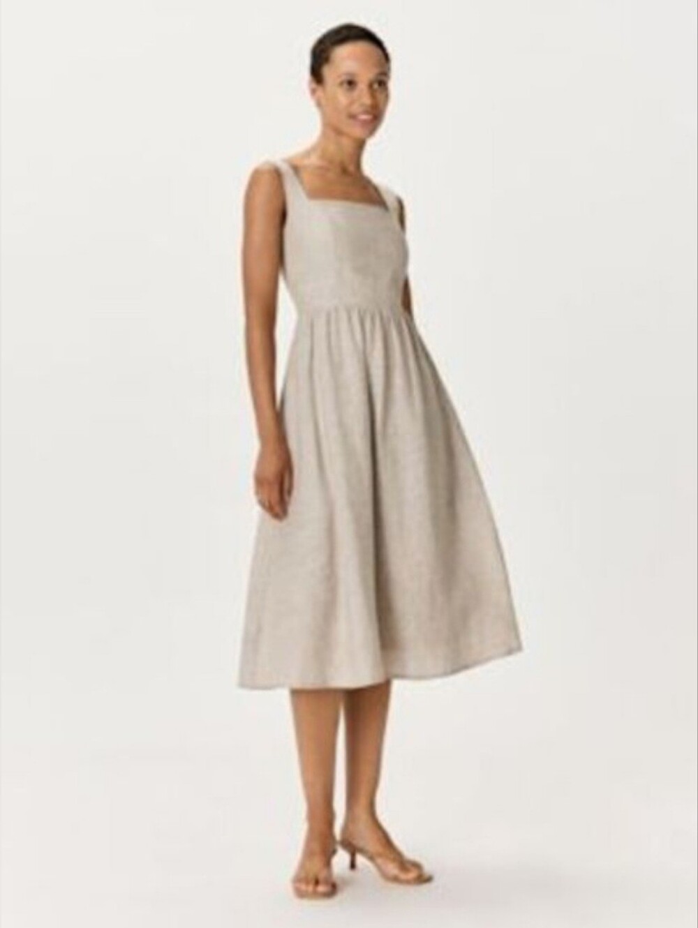 100% European Linen Fit & Flare Midi Dress, Medium, Gray